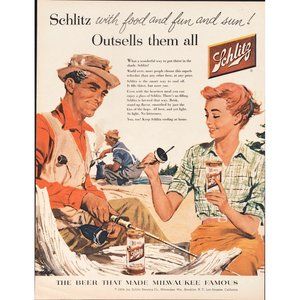 1956 Schlitz Beer Food Fun and Sun Vintage Print Ad Fishing Reel Campfire Art